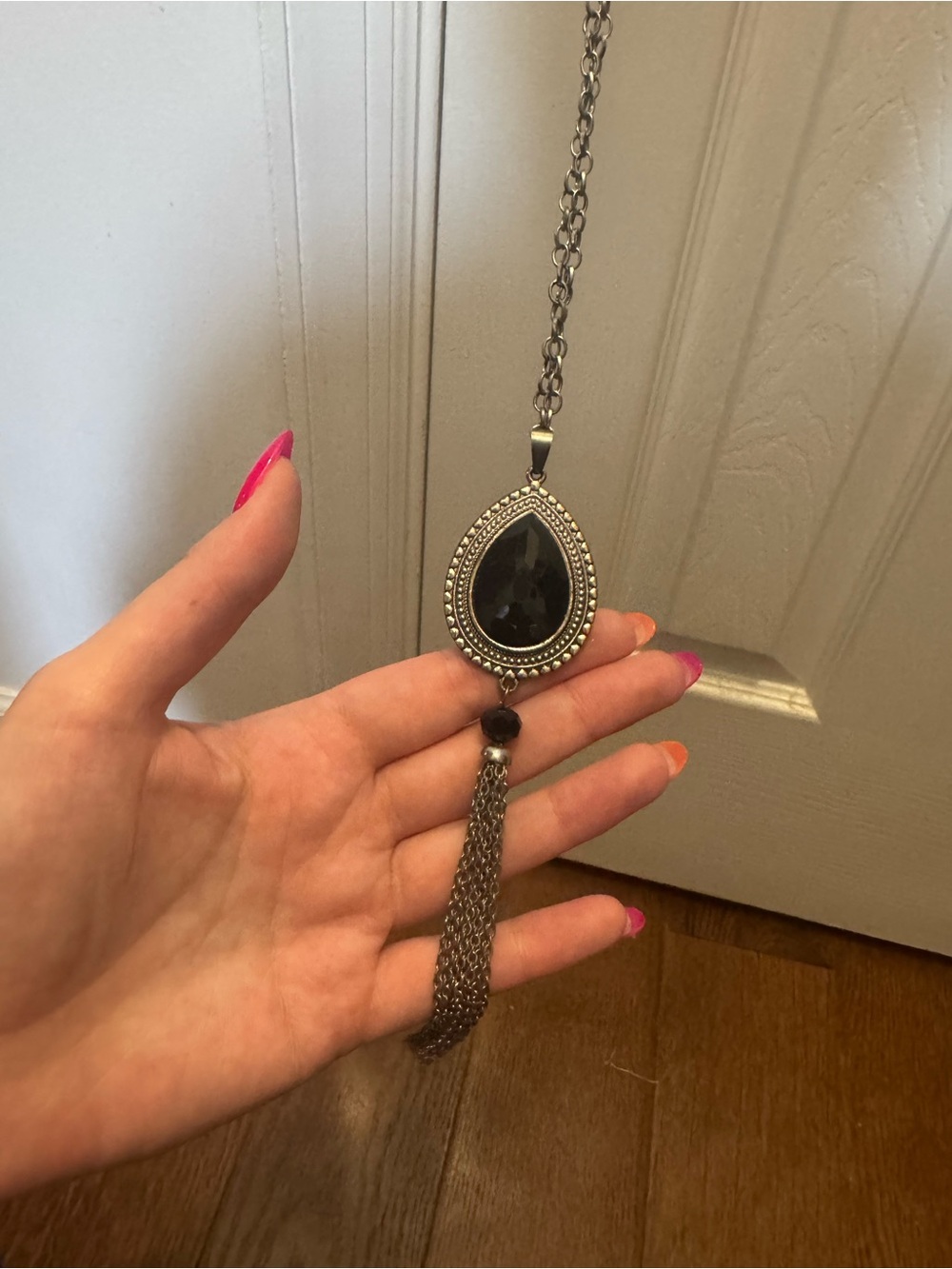 Silver-Tone Black Teardrop Tassel Necklace - Women Jewelry